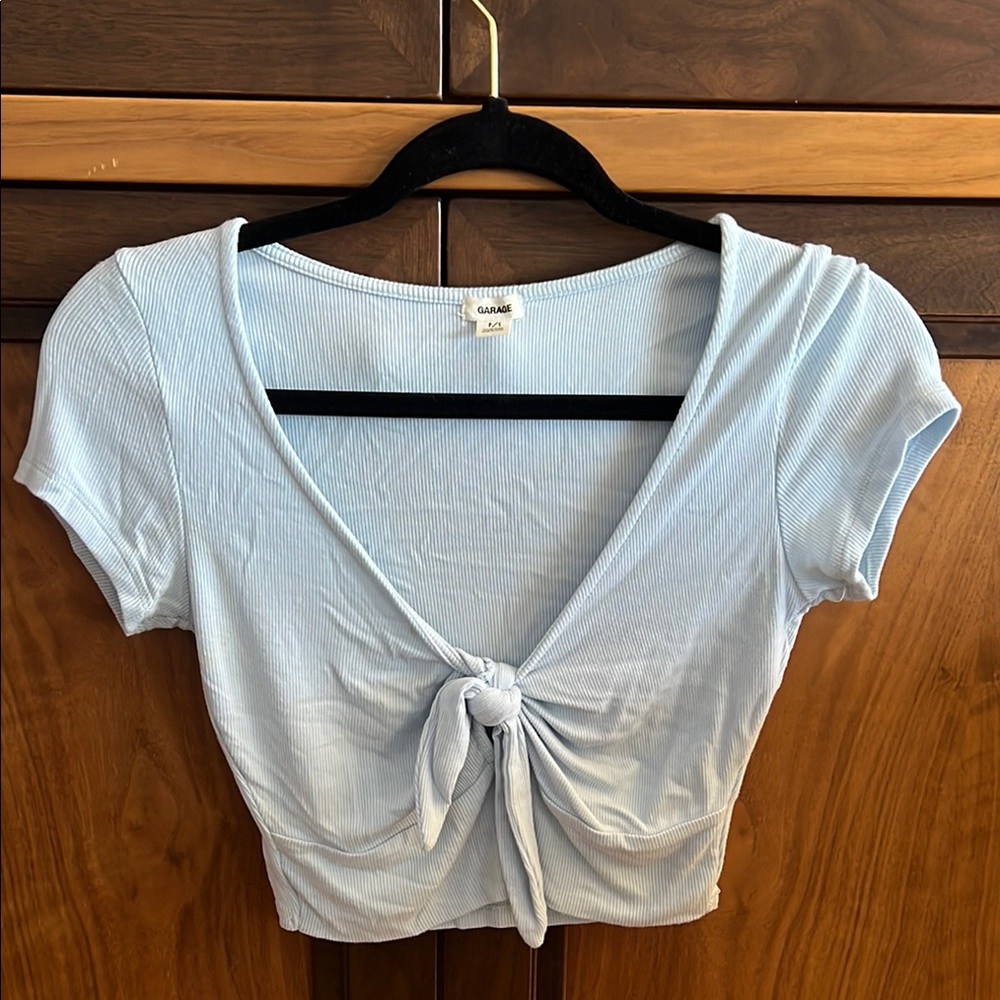 Garage Blue Cap Sleeve Tie-Front Crop Blouse